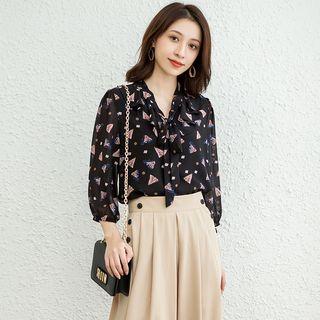 Print 3/4-sleeve Tie-neck Chiffon Blouse