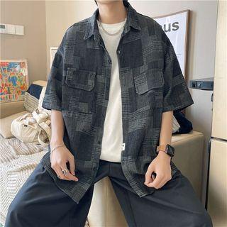 Short-sleeve Plaid Denim Shirt