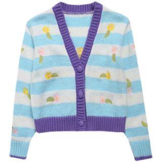 Floral Embroidered Striped V-neck Cardigan