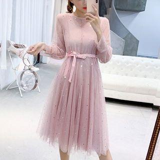 Set: Sequined Mesh Long-sleeve A-line Dress + Slipdress