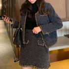 Set: Contrast Trim Jacket + Mini A-line Skirt