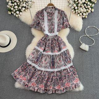 Lace Trim Paisley A-line Maxi Dress
