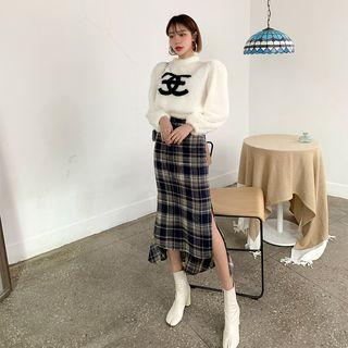 Ruffle-back Plaid Midi Skirt