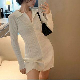 Ribbed Polo Knit Sheath Dress White - One Size