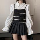 Bell-sleeve Plain Shirt / Spaghetti-strap Frayed Striped Camisole / High-waist Pleated Skirt