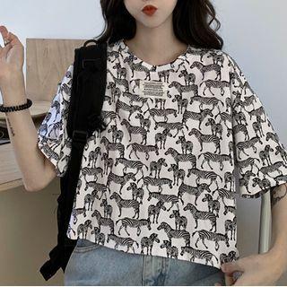 Elbow-sleeve Zebra Print Cropped T-shirt