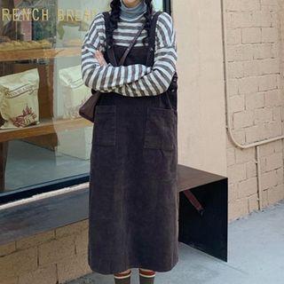 Long-sleeve Striped Top / Corduroy Jumper Dress