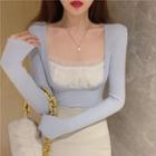 Long-sleeve Lace Panel Knit Top Blue - One Size