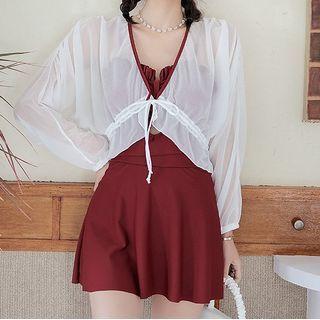 Set: Plain Capelet + Cutout Ruffled Swimsuit