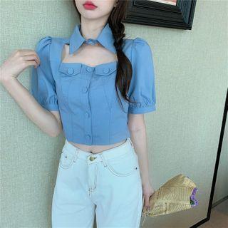 Cut Out Balloon-sleeve Denim Blouse