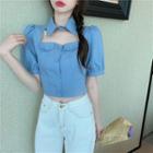 Cut Out Balloon-sleeve Denim Blouse
