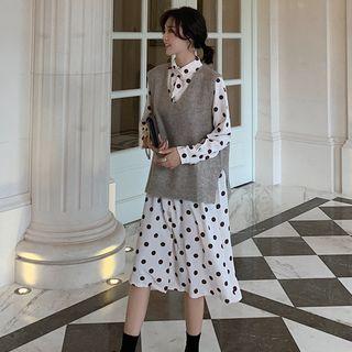Dotted Tie-waist A-line Midi Shirtdress