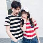 Couple Matching Striped Applique Short-sleeve T-shirt