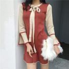 Long-sleeve Tie-neck Color-block Dress