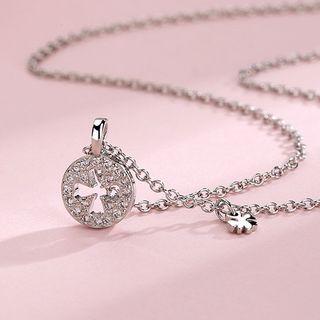 Rhinestone Clover Pendant Necklace Set - Silver - One Size