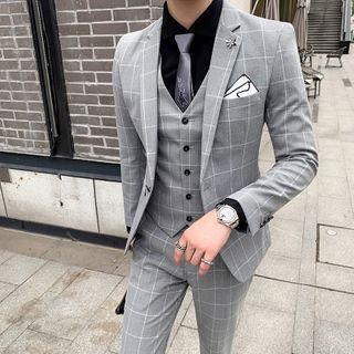 Set: Plaid Single-button Blazer + Waistcoat + Dress Pants