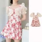 Puff Sleeve Panel Rose Print Swimdress