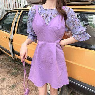 Set: Long-sleeve Floral Top + Plain A-line Dress