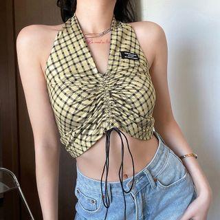 Plaid Drawstring Cropped Halter Top