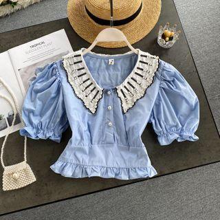 Faux Pearl Peter Pan Collar Puff-sleeve Top