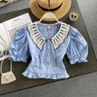 Faux Pearl Peter Pan Collar Puff-sleeve Top
