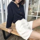 V-neck Loose-fit Blouse Navy Blue - One Size