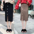 Slit Buttoned Midi Knit Skirt