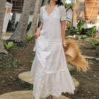 Short-sleeve Eyelet Lace Maxi A-line Dress