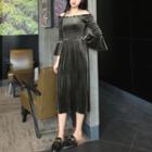 Plain Off-shoulder Velvet Bell-sleeve Dress