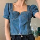 Square-neck Puff-sleeve Denim Blouse