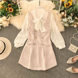 Set: Tie-neck Blouse + Double-breasted Tweed Pinafore Dress