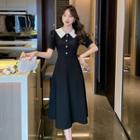 Puff Sleeve Contrast Collar Button-front Midi A-line Dress