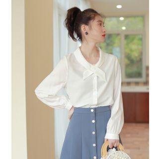 Plain Tie-neck Long-sleeve Blouse White - One Size