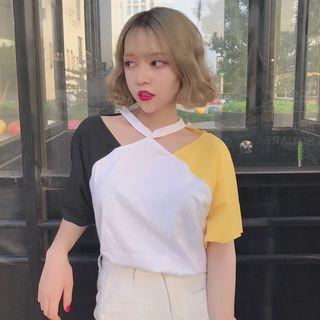 Color Panel Cut Out Shoulder Short Sleeve T-shirt