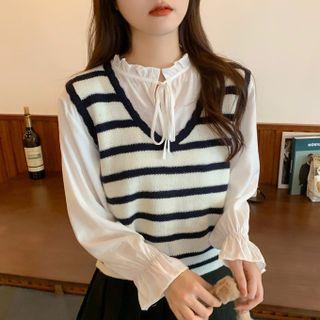 V-neck Striped Sweater Vest / Tie-neck Blouse