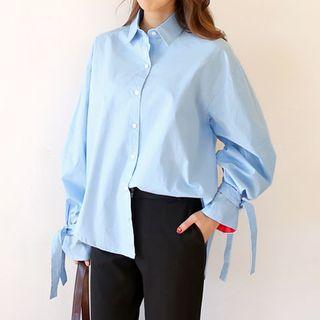 Contrast-cuff Balloon-sleeve Shirt