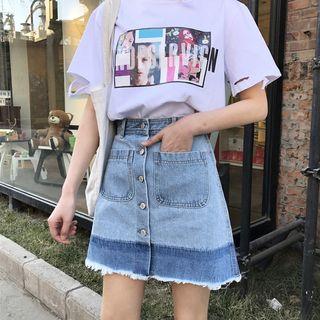 Fray Hem Button Down Denim Skirt
