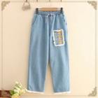 Drawstring-waist Bear Embroidered Straight-cut Jeans Light Blue - One Size