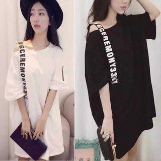 Lettering Cold Shoulder Elbow-sleeve T-shirt Dress