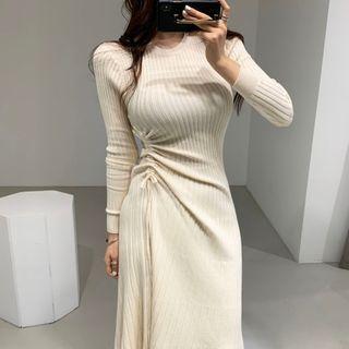 Long-sleeve Drawstring Ribbed Knit Dress