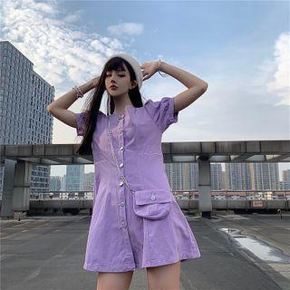 Puff-sleeve Denim Mini Dress With Cross Bag