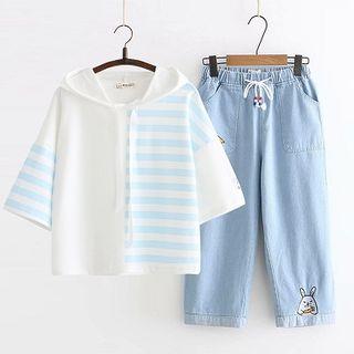Striped Panel Short-sleeve Hooded T-shirt / Cropped Jeans / Set