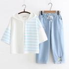 Striped Panel Short-sleeve Hooded T-shirt / Cropped Jeans / Set