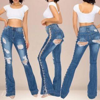 Distressed Lace-up Boot-cut Jeans