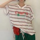 Elbow-sleeve Lettering Striped T-shirt Stripes - Red & White - One Size