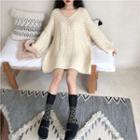 Plain V-neck Loose-fit Knit Dress Milky White - One Size