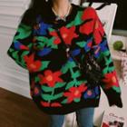 Floral Sweater Red & Blue Floral - Black - One Size