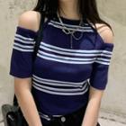 Short-sleeve Cold Shoulder Striped Knit Top Blue - One Size