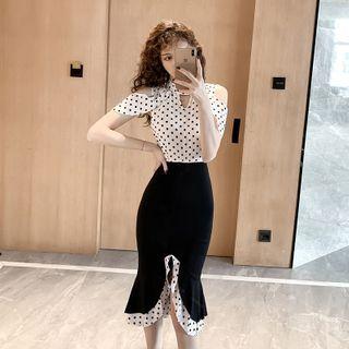 Cold-shoulder Dotted Midi Sheath Dress