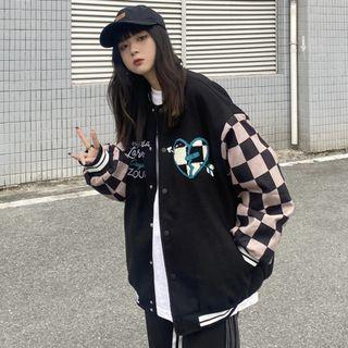 Lettering Check Panel Baseball Jacket